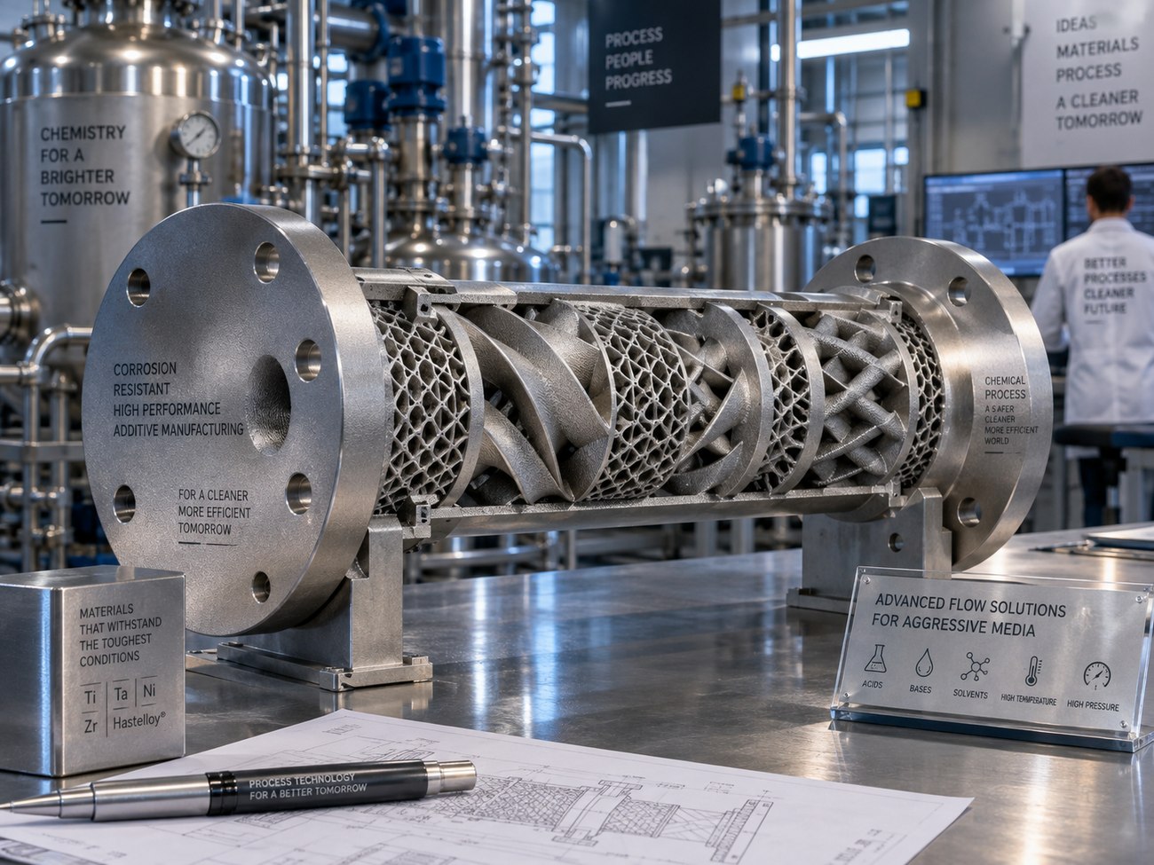 Mixer statico additivo con elementi elicoidali e reticolari, flange integrate
