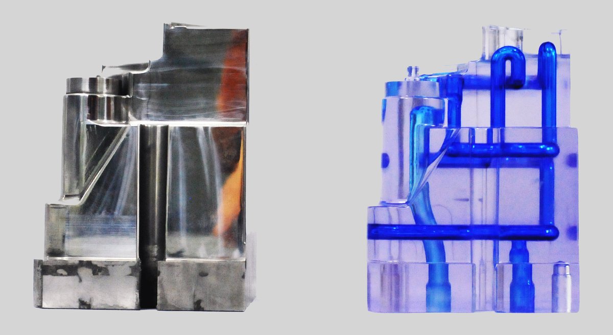 Steel mould insert and transparent model showing the path of the conformal channels
