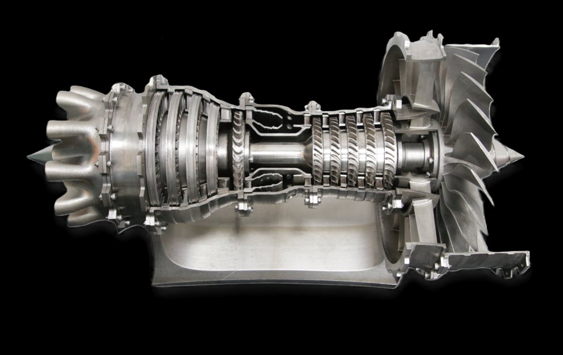 Section of a turbine engine showing the internal complexity of a rotating assembly