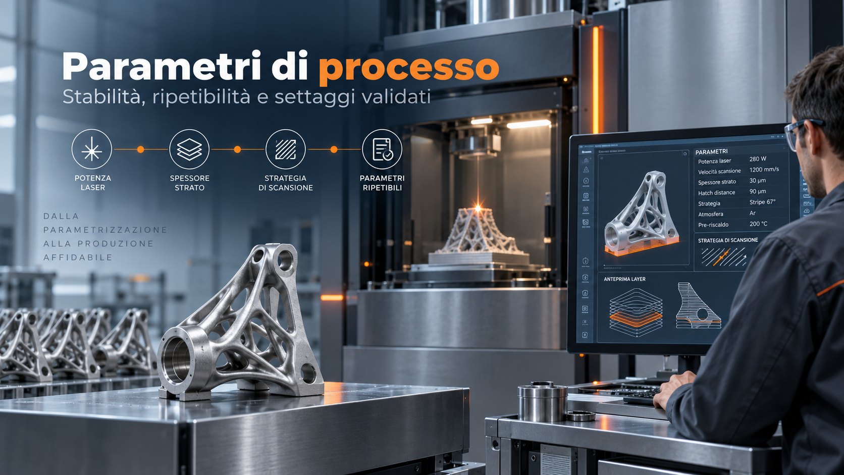 Process parameters: laser power, layer thickness, scanning strategy, repeatable parameters