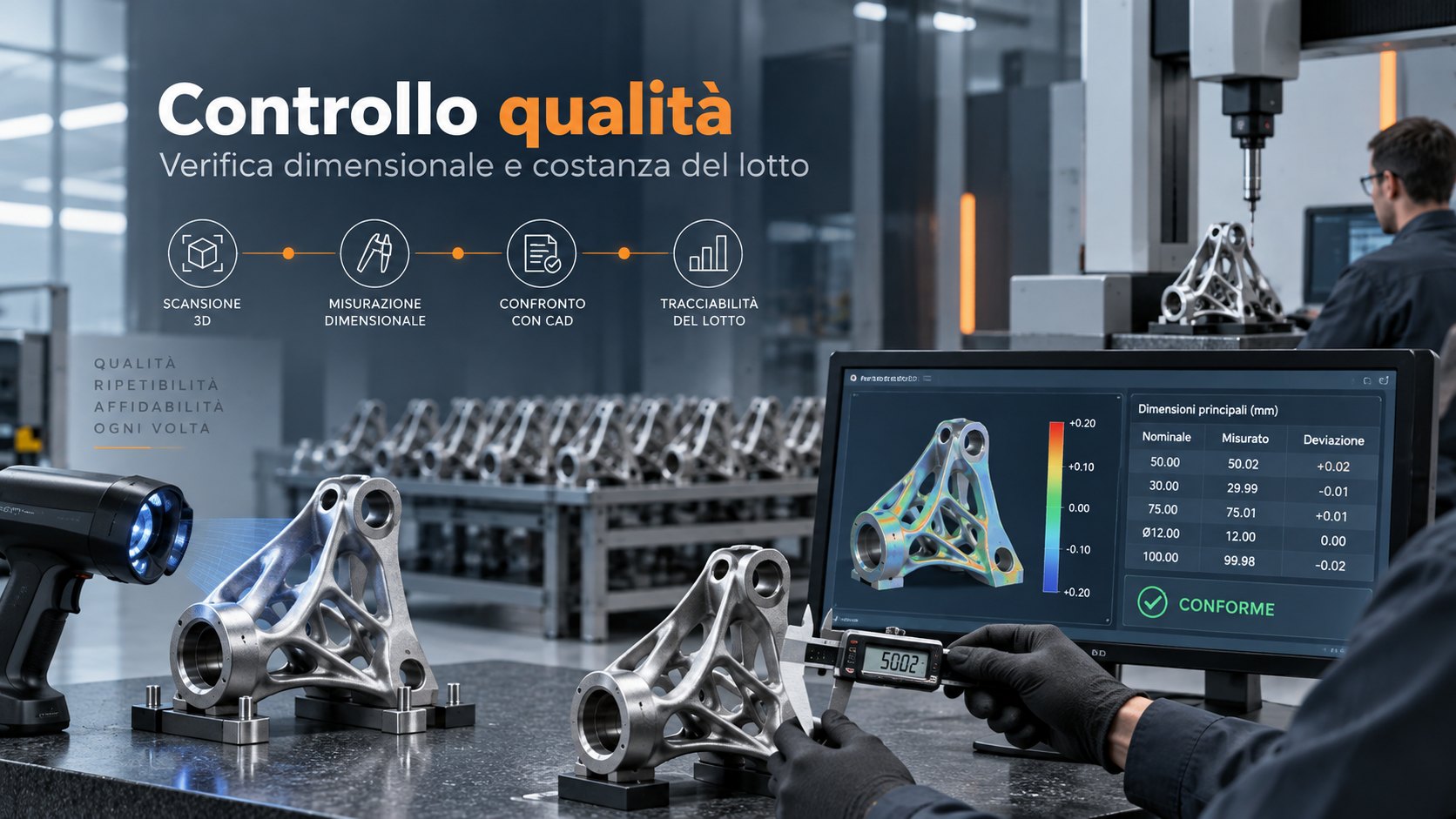 Quality control: 3D scanning, dimensional measurement, CAD comparison, batch traceability