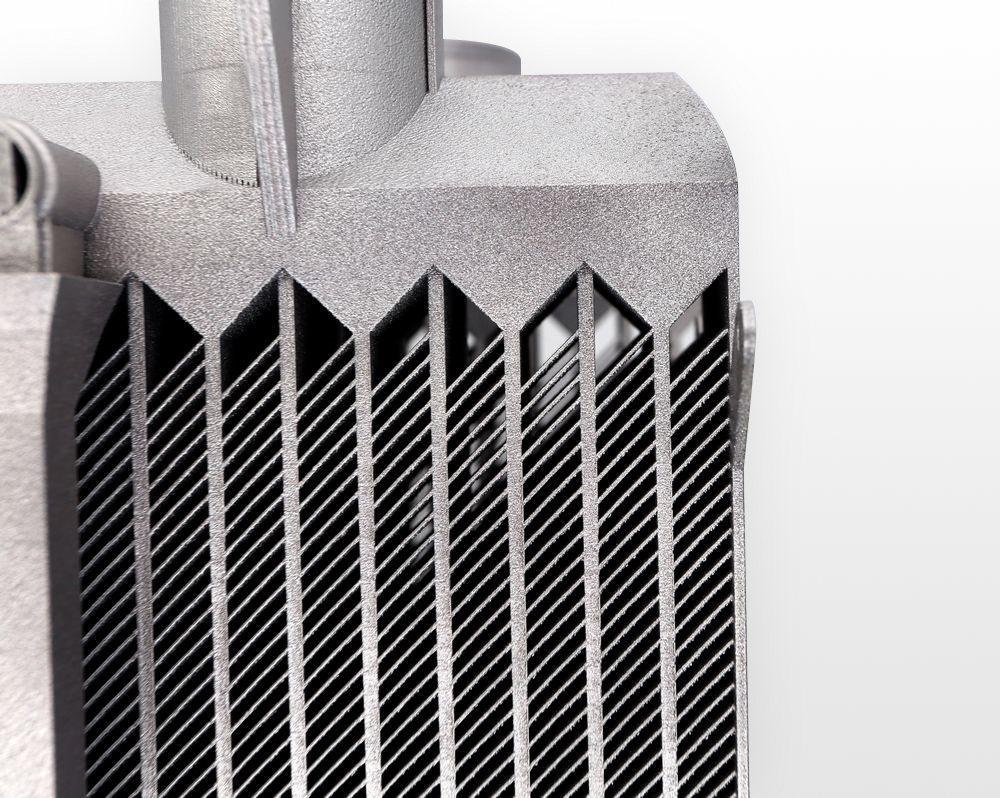 Close-up of the thin fins of an additively manufactured heat exchanger