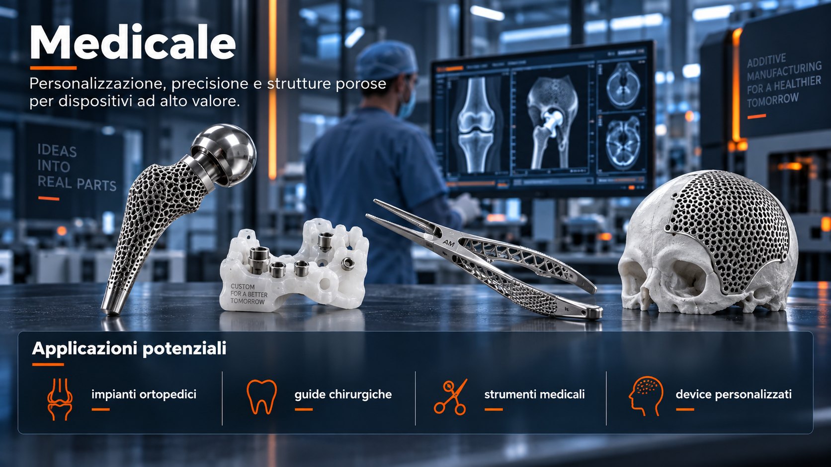 Medicale — Impianti ortopedici, guide chirurgiche, strumentario e dispositivi su misura.