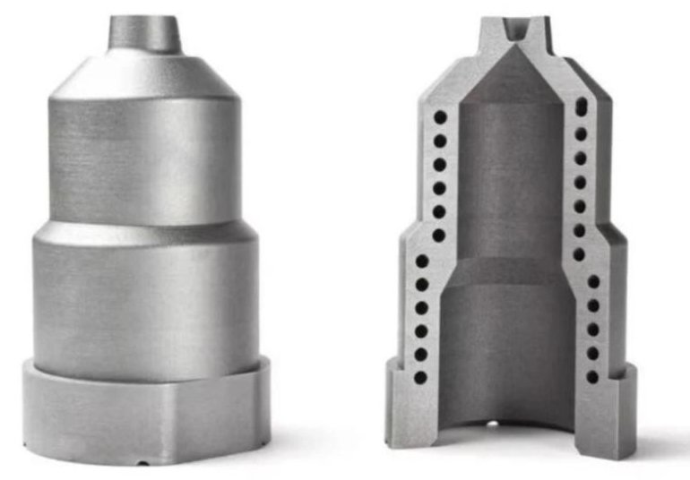 Printed metal nozzle, external view and section showing the cooling holes